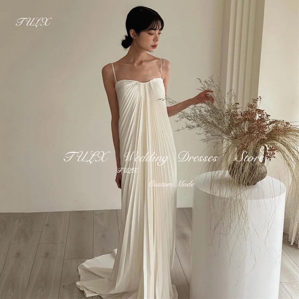 

TULX Simple Ivory Wedding Dress Korea Outdoor Photo Shoot Spaghetti Strap Corset Long Wrinkle Bridal Gowns 웨딩드레스 Customized