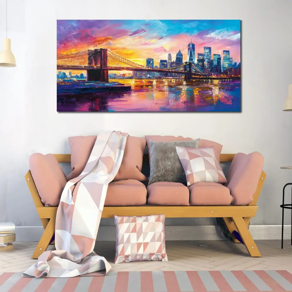 Large Contemporary Canvas Art for Living Room Decor Abstract Skyline Handmade Oil Painting Landscape Artwork Colorful Textured