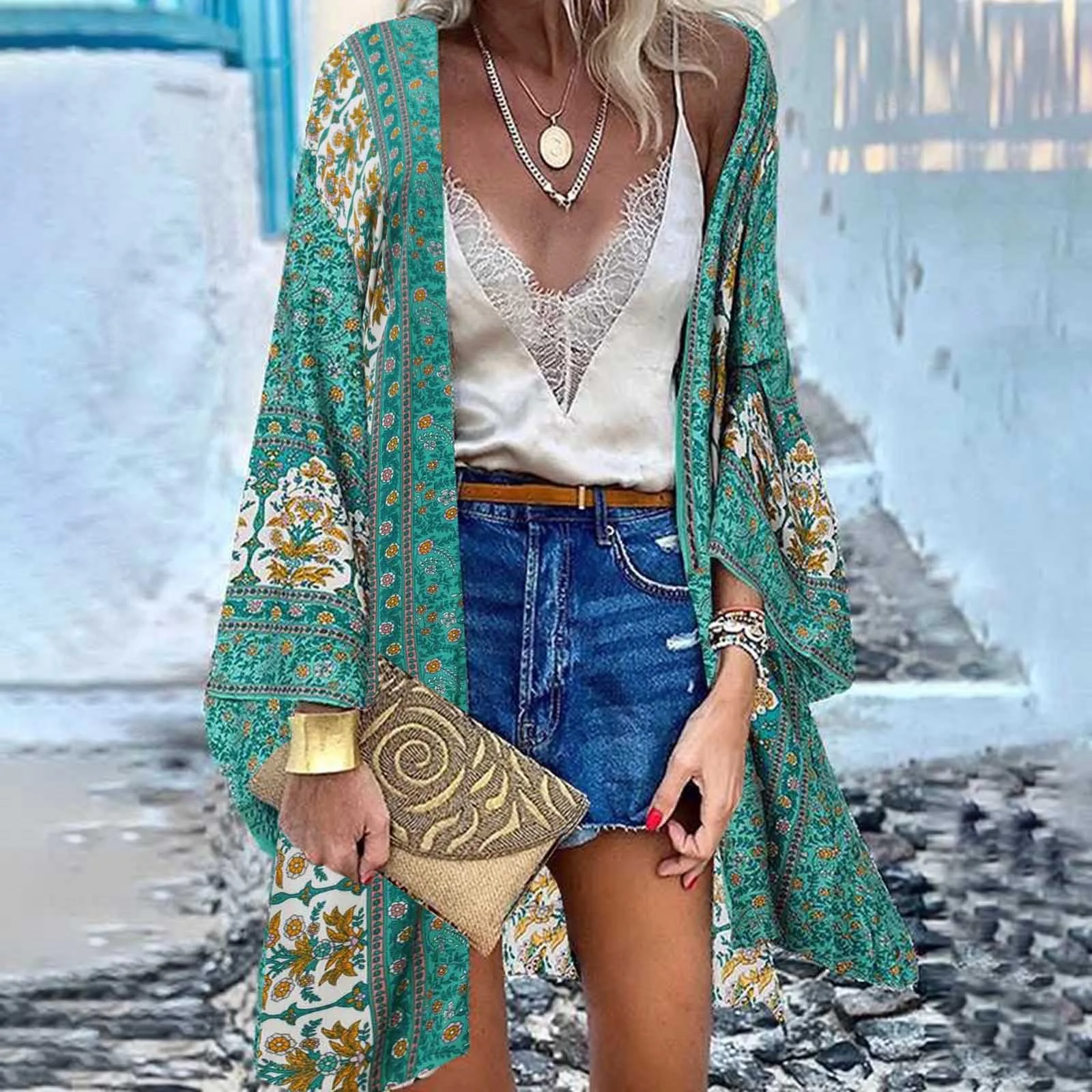 Summer Vintage Bohemian Style Cardigan Casual Loose Style Holiday Beach Bikini Cover Up Female Green Plus Size Kimonos Cardigans