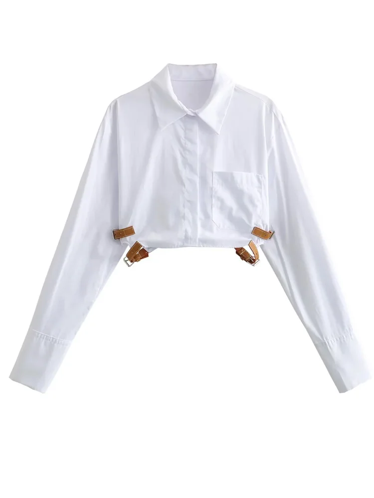 

KAOPU ZA Women with belt cropped shirt vintage lapel-neck button-up female blouses blusas chic tops