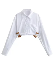 KAOPU ZA Women with belt cropped shirt vintage lapel-neck button-up female blouses blusas chic tops