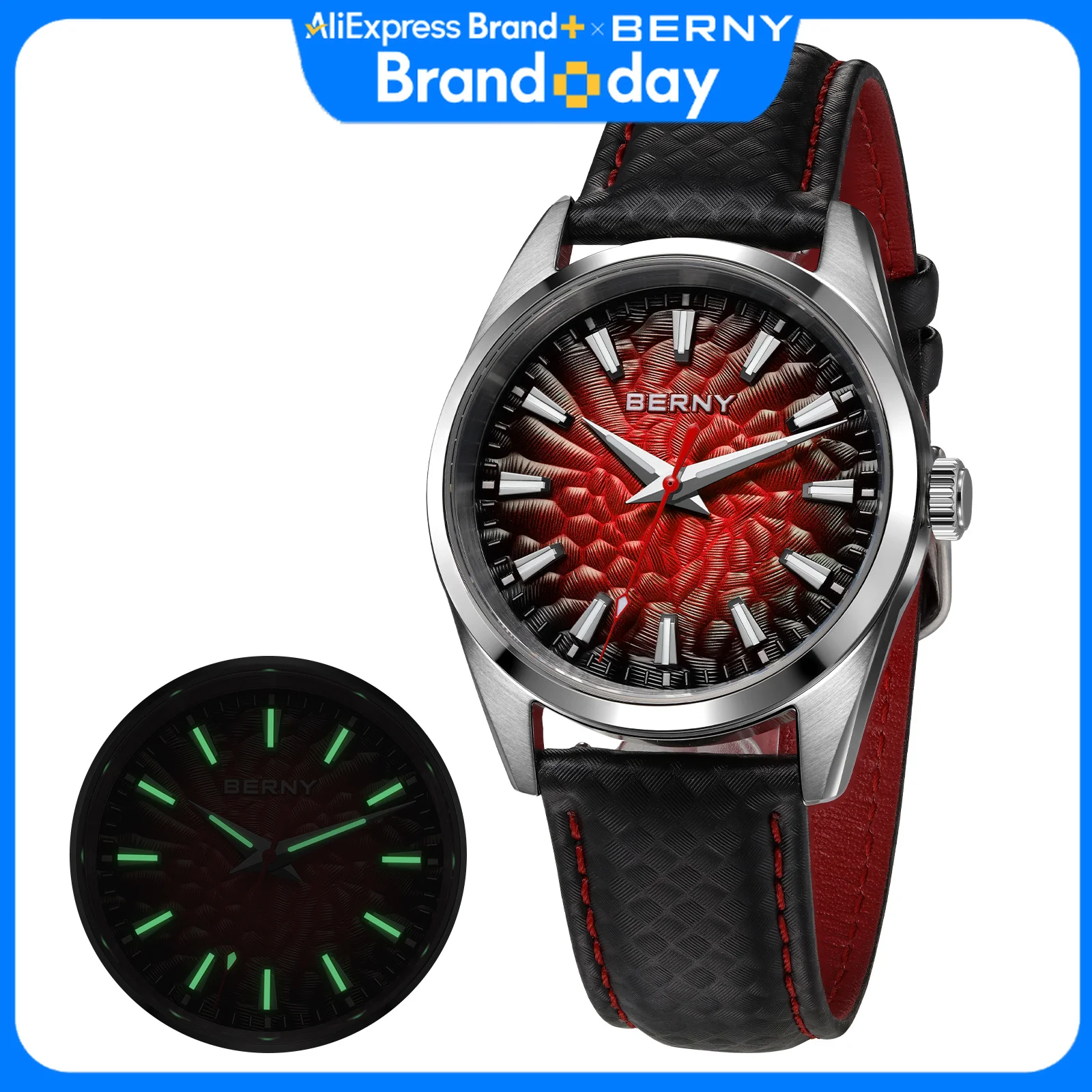 BERNY Watches for Men 10ATM Sapphire Luminous Fashion Quart Men's Watch Classic Stylish Dress Business Leather Strap Wristwatch