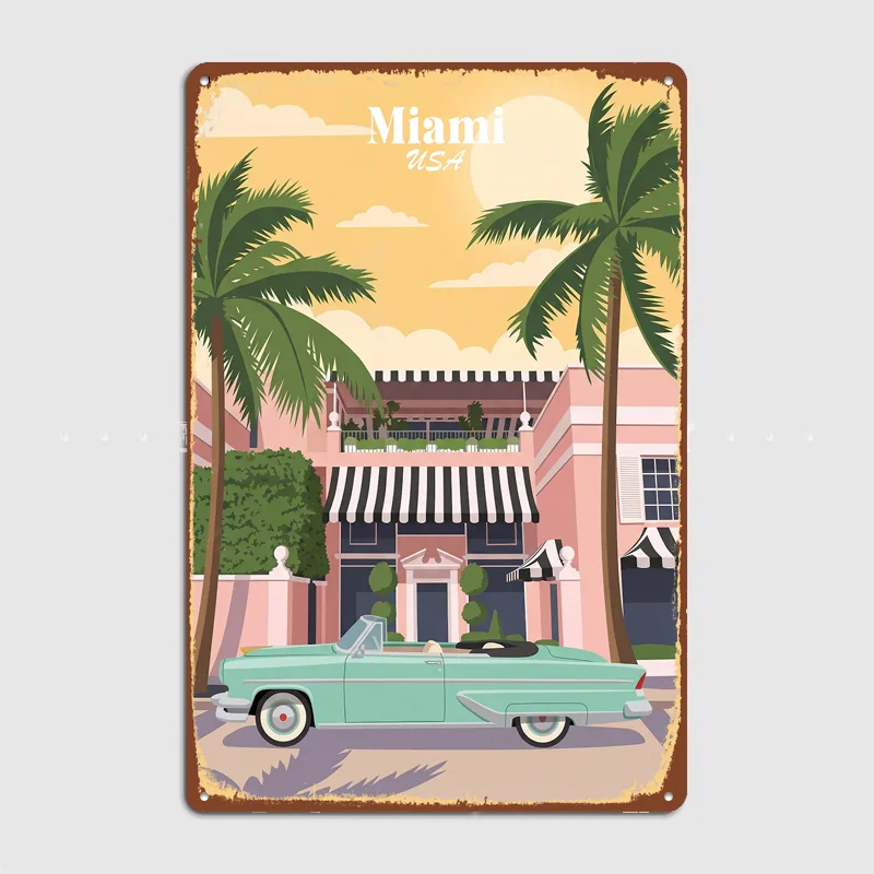 Miami Retro Convertible Travel Poster Metal Posters Living Sign Indoor Outdoor Room Decoration Home Bar Decor Wall Decor
