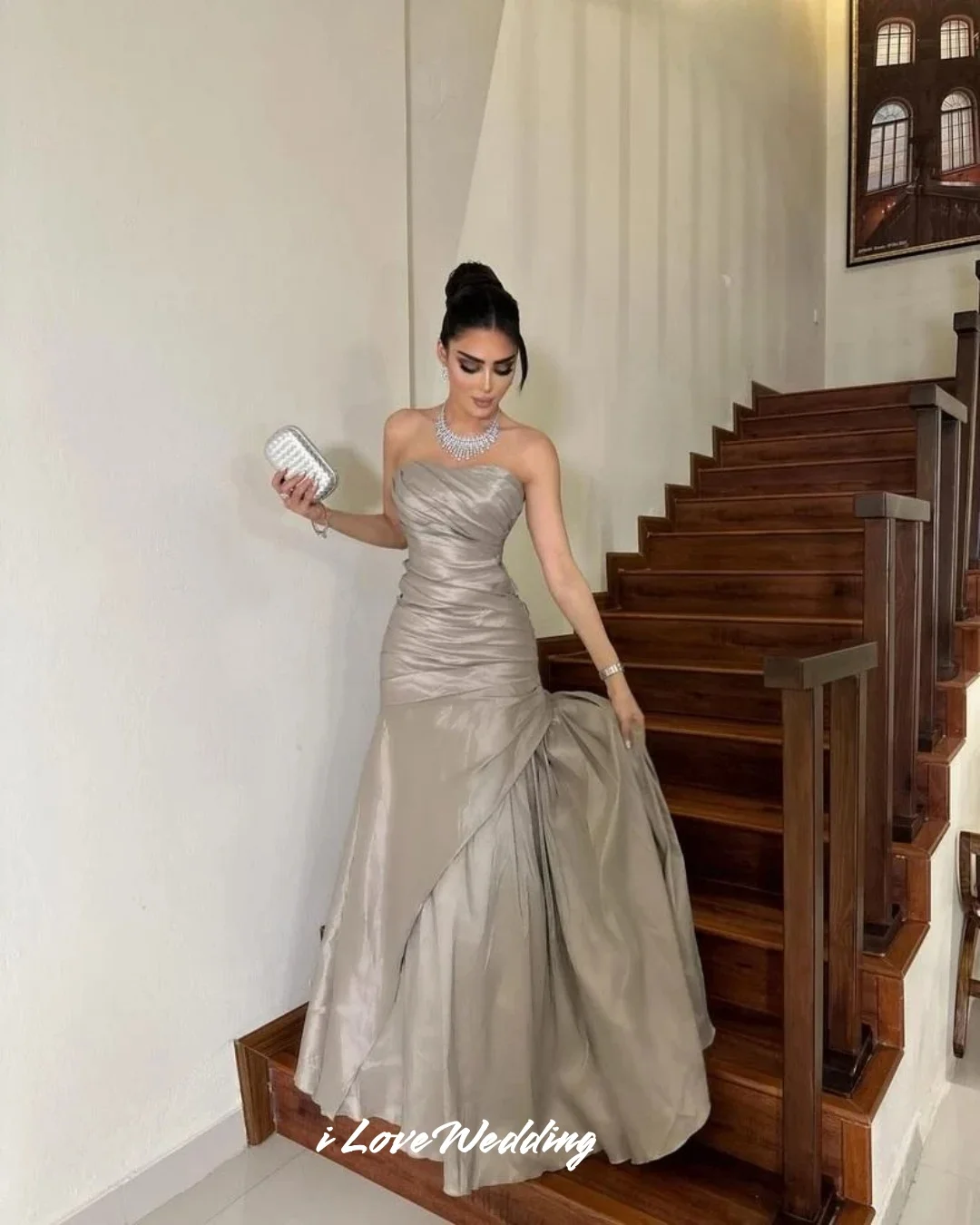 Gray Strapless Evening Dresses 2025 Sleeveless Mermaid Floor-Length Prom Dress Elegant Pleated Wedding Party Dresses Customized