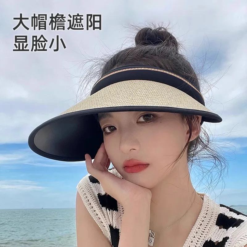 

Straw Crownless Sun HatUVSun-Proof All-Matching Headband Summer Hat Letters Adjustable Sun Hat Big Brim Straw Hat Tide