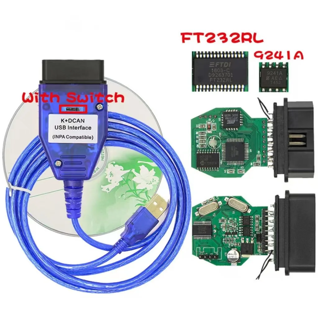 INPA K+DCAN OBD2 USB Diagnostic Cable With Switch FT232RL 9241A Chip Auto Repair Scanner Interface Fit BMW E Series Vehicles