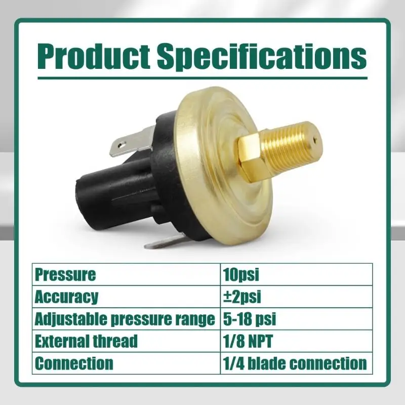 652F Threaded Pressure Replacement Switches with Blade Contacts, 1/8 Male Pipe Thread, Factory Setting 10 for Water Oil Vacuum