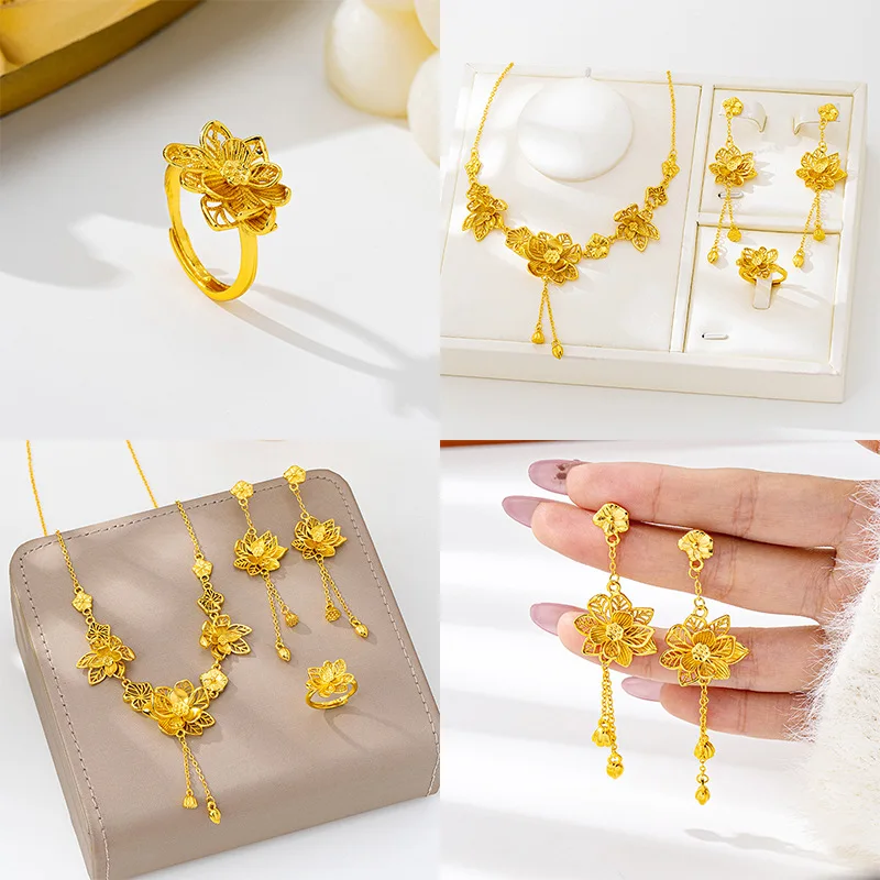 

Новый набор украшений из старинного песочного золота в китайском стиле: серьги и кольцо с лотосом и кисточками, символизирующие вечное счастье, золотые свадебные аксессуары для женщин