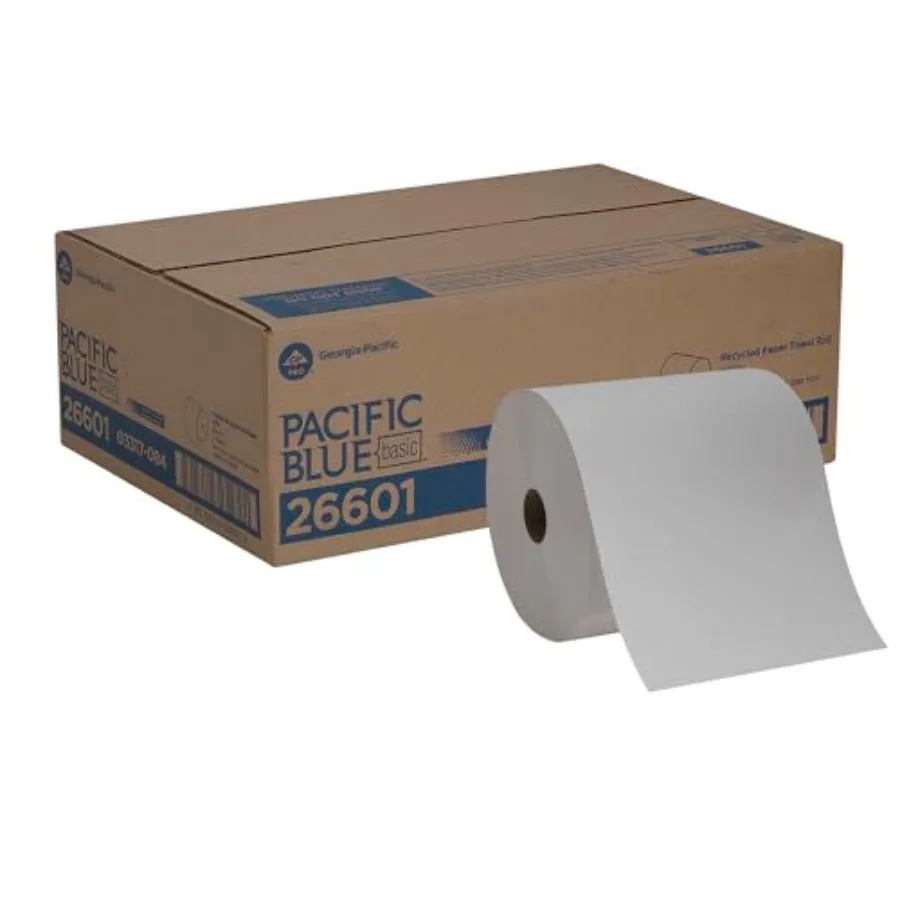 Pacific Blue Basic Recycled Paper Towel Rolls by GP PRO,White, 26601, 800 Feet Per Roll, 6 Rolls Per Case