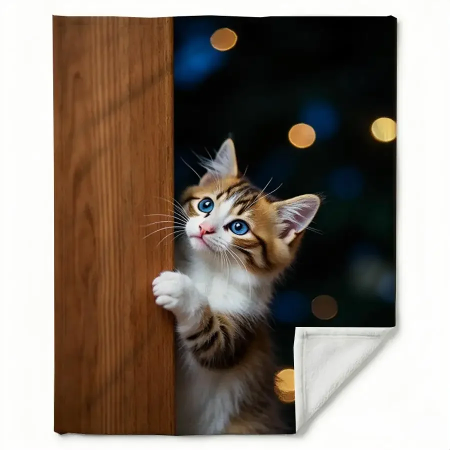 1pc Warm Premium Flannel Blanket Featuring a Curious Blue-Eyed Kitten Amidst Magical Bokeh Lights, Soft Decorative