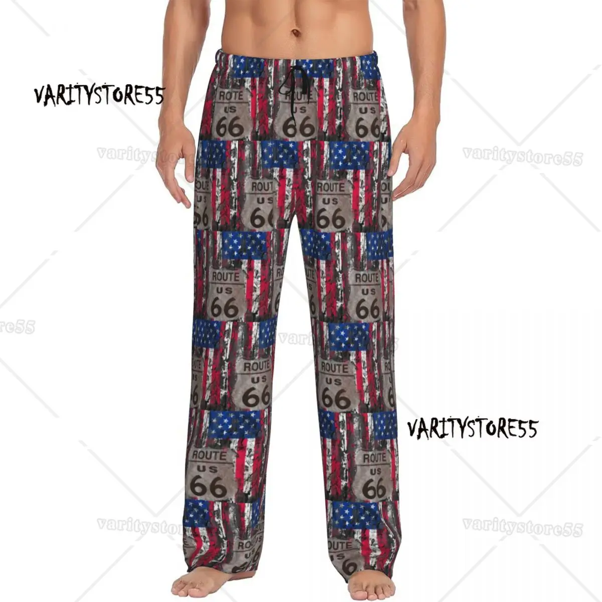 

Винтажные пижамные штаны с флагом США на заказ, одежда для сна, мужские эластичные пояса, маршруты США, 66, штаны для сна с карманами