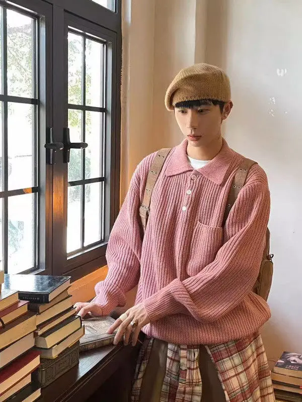 

Loose Fit Men's Pink Sweater Knitted Outerwear Autumn Winter Sle Casual Comfortable Design Sensation Small ence