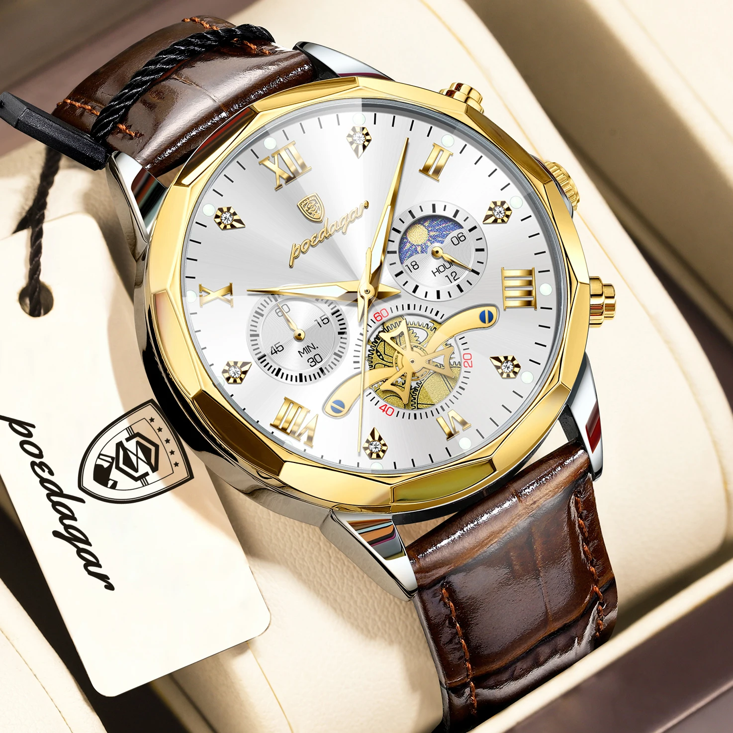 POEDAGAR Luxury Fashion Men Watch Waterproof Luminous Chronograph Leather Man Wristwatch High Quality Quartz Men's Watches Reloj
