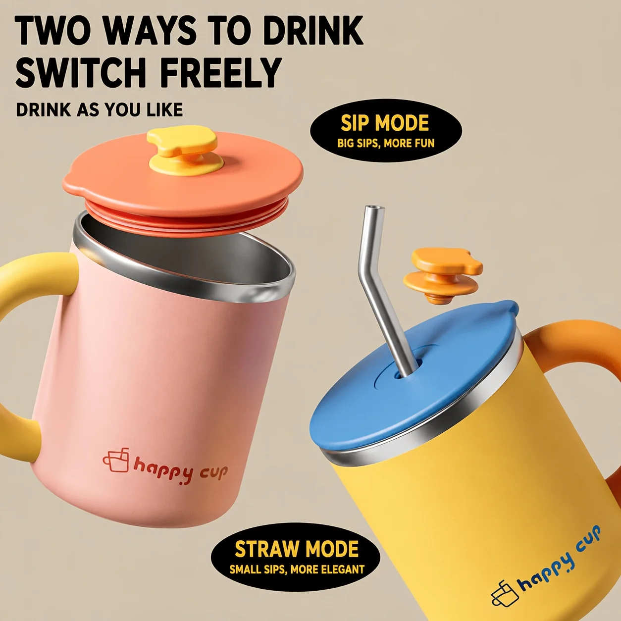 Stainless steel mug with lid, suitable for home use, tea, or office use, with a sliding lid.