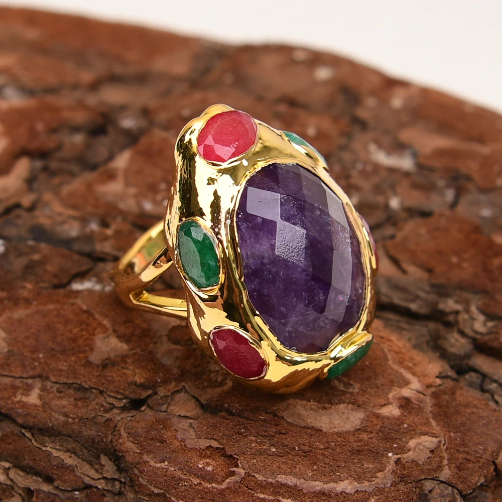 

GG Natural Purple Amethyst Quartz Red Green Jade Stone Ring Gold Color Electroplated Rings Adjustable For Women