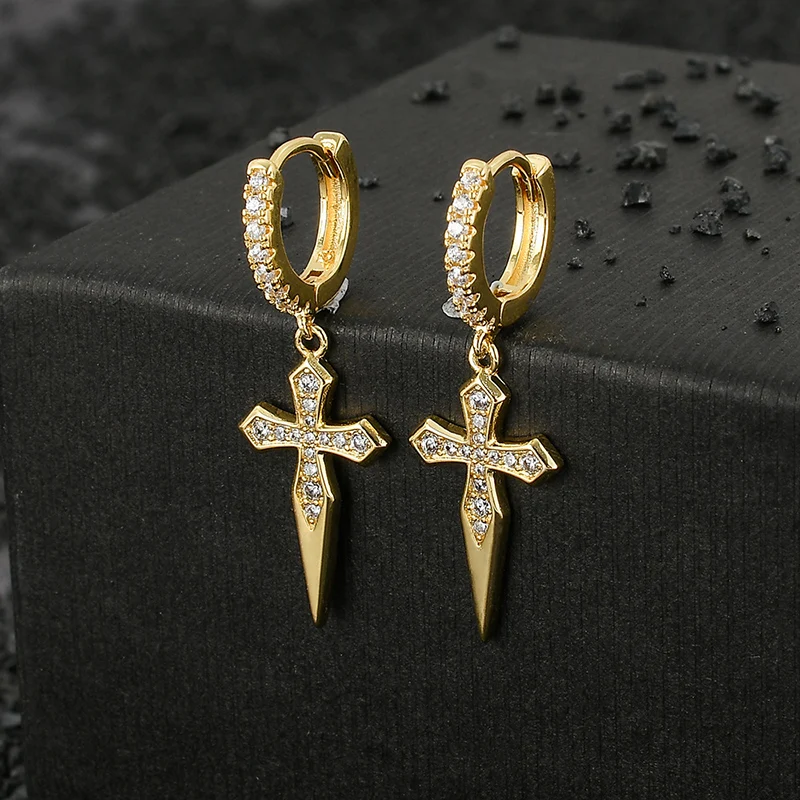 1 pair Hip Hop AAA CZ Stone Paved Bling Ice Out Sword Cross Drop Earrings for Men Women Unisex Rapper Jewelry Drop Shipping