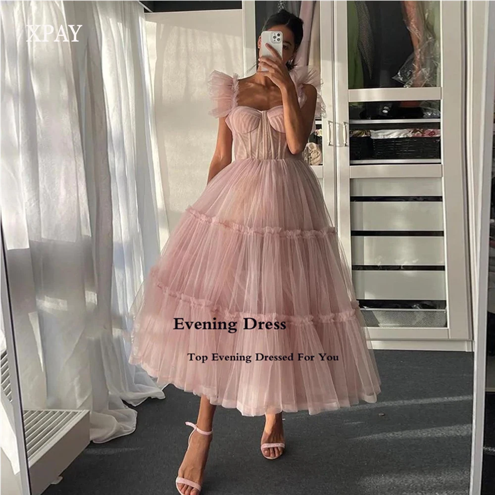 

XPAY A Line Blush Pink Short Prom Dresses Spaghetti Straps Layered Tulle Tea-Length Wedding Party Dress Evening Dress Dress 2023