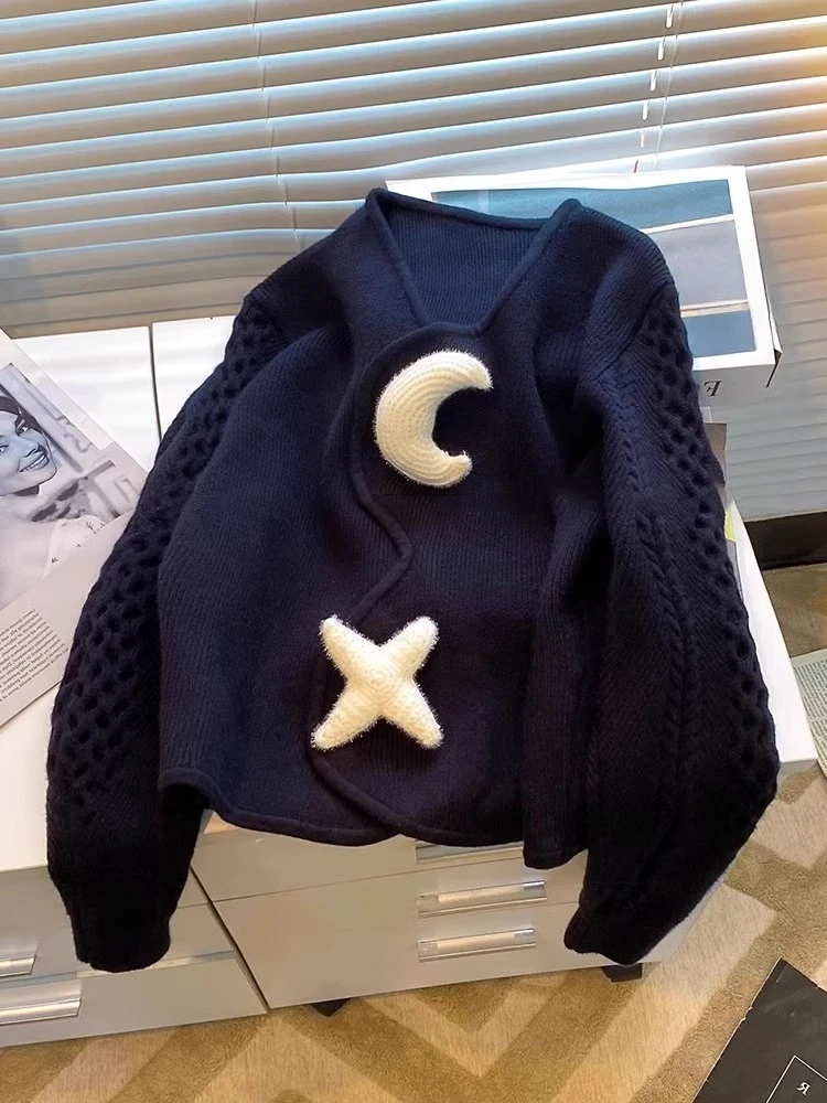 

Fashion Design Cardigan Long Sleeve V Neck Patchwork Contrast Color Loose Sweaters Vintage All Match Knit Tops Women's Clothing