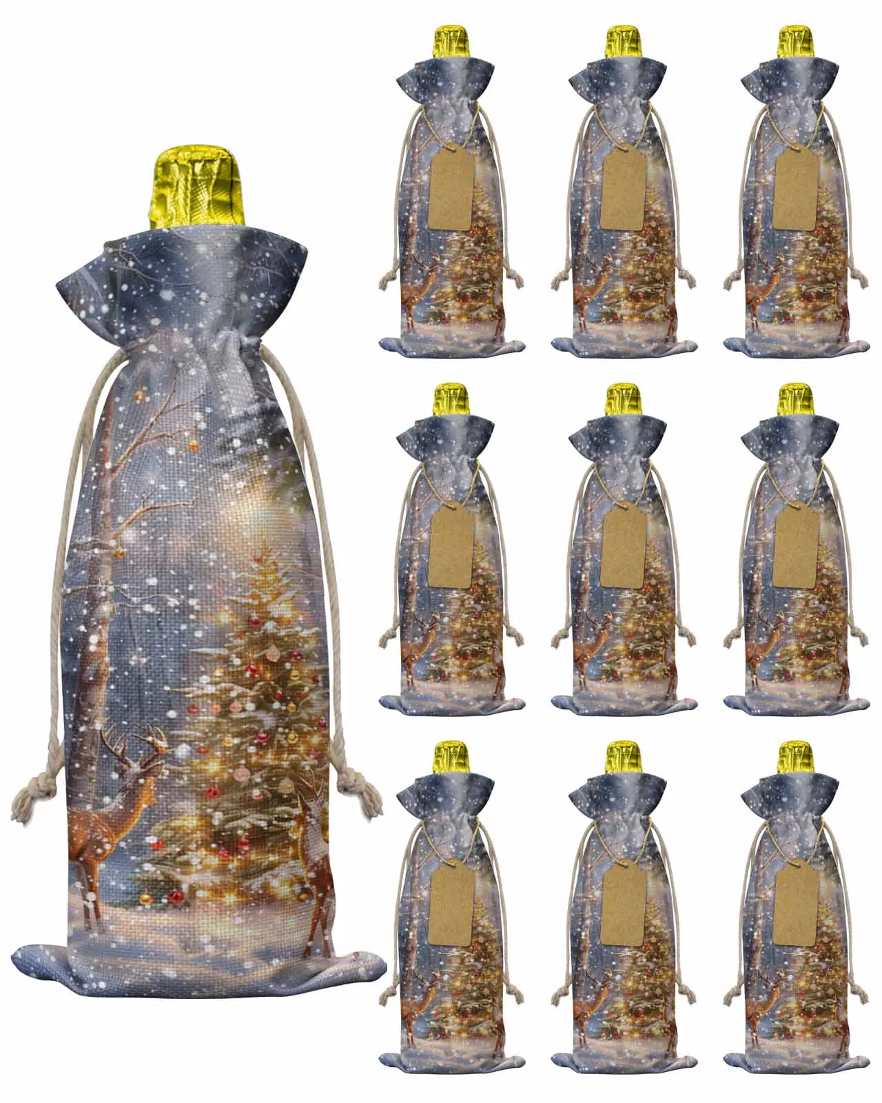 10pcs Deer Snow Christmas TreeWine Bottle Bag with Drawstring Festive Party Decor Wine Bottle Covers Gift