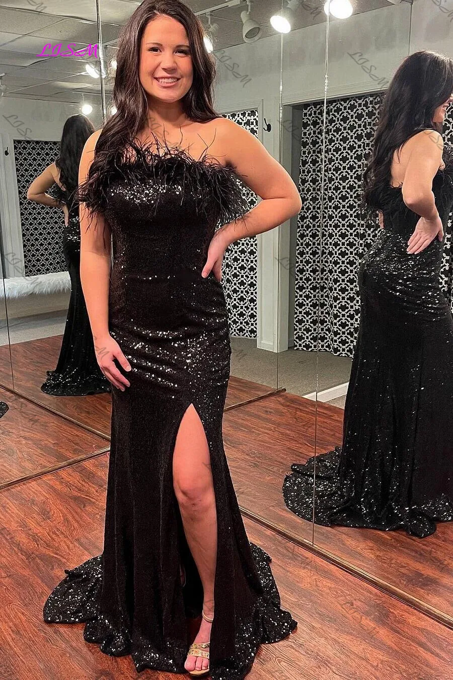 Lichtblauwe Sprankelende Pailletten Strapless Lange Galajurk Met Veren Luxe Chique Avondjurken Sexy Side Split Lange Feestjurken