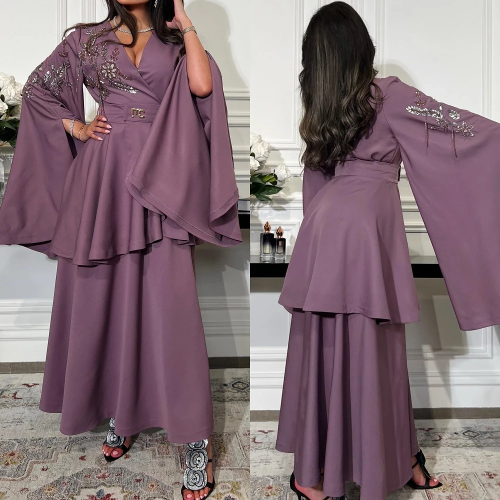 

Jersey Applique Sequined Sashes Draped Homecoming A-line V-neck Bespoke Occasion Gown Long Sleeve Dresses