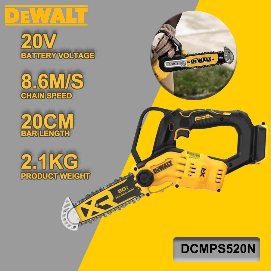 DEWALT 20V XR Pruning Saw 20cm 8'' Electric Chain Saw Woodworking Handheld Pruning Chainsaw Garden Power Tool DCMPS520N