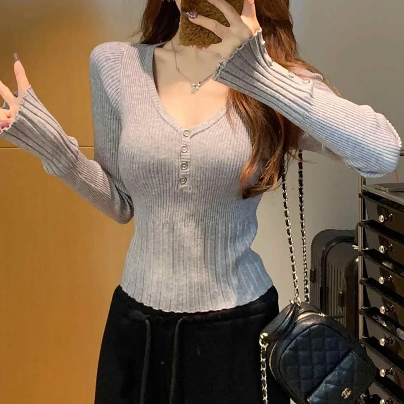 여성 의류 니트 스웨터 여성 풀오버 신상 슬림 블랙 긴팔 브이넥 니트 스웨터 풀오버 여성 상의 스웨터 Q2562