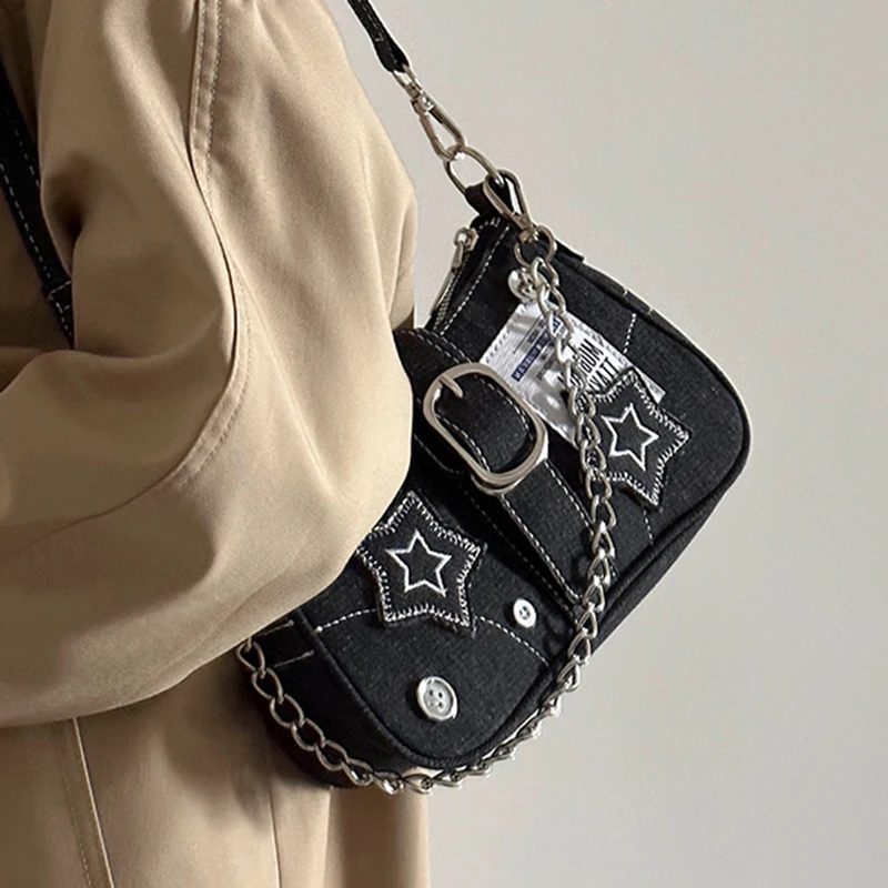 Y2k Fashion Women's Handbags Stars Pattern Cool Girls Underarm Bag Vintage Canvas Female Small Shoulder Bags Chain Tote Purses view 4