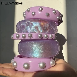 HUANZHI Colorful Blue Purple Pearl Resin Wide Clear Bracelet Vintage Personalized Elegant Geometric Bangle Jewelry New Design
