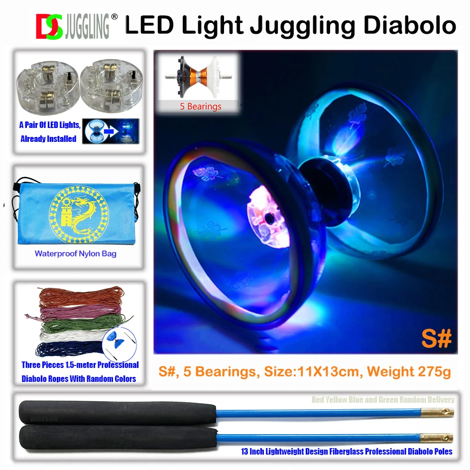 LED Dazzling and Sparkling Diabolo Stage Performance Outdoor Fitness Sports Fun Gift Juggling Kits