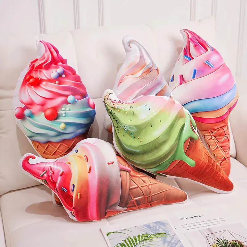 Summer ice cream cone plush pillow filled with simulation food snacks soft cushion backrest decoration children's gifts.