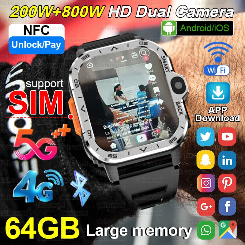 Support 4G/5G SIM Card Smart Watch Men 16/64GB Memory HD Video Call GPS Navigation 800W HD Dual Camera WIFI NFC Sport Smartwatch