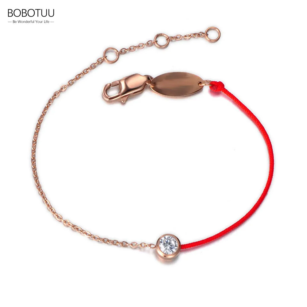 BOBOTUU Classic Stainless Steel CZ Crystal Charm Bracelets & Bangles For Women Red Rope Chain & Link Bracelet Jewelry BB17061