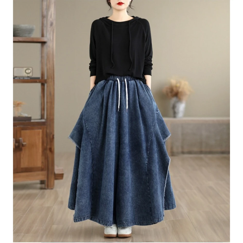Women Oversized Washed Vintage Denim Wide Leg Pants Raw Hem Dropped Crotch Trousers Fashion Trendy Floor Length Baggy Jeans