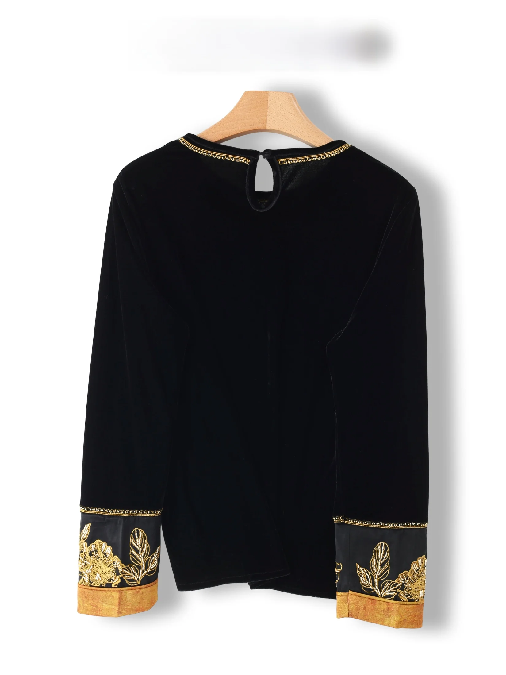  Velvet Black T-Shirt Women's Embroidery Base Shirt Top How to Wear It Beautiful New Chinese Style Bead Embroidery
