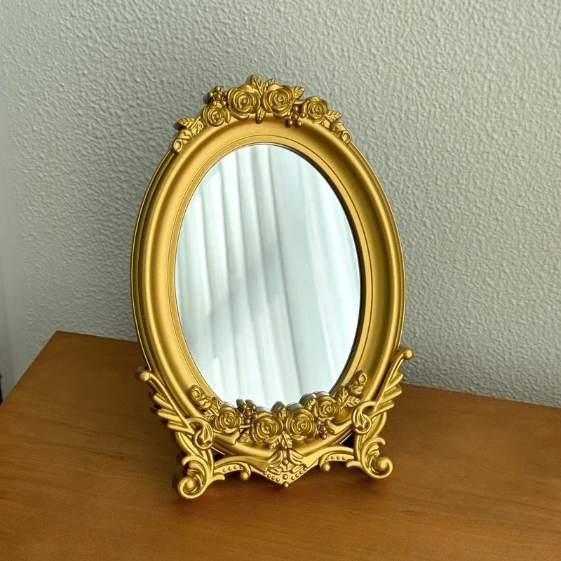 European Gold Rose Vanity Mirror, French Carved Plastic Frame Makeup Mirror for Bedroom Dressing Table, Home Decor Photo Prop