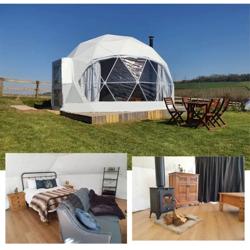 Outdoor Accommodation Geodesic Dome Tent with Panoramic Window Glass Door for Luxury Glamping Resort Backyard Cabin