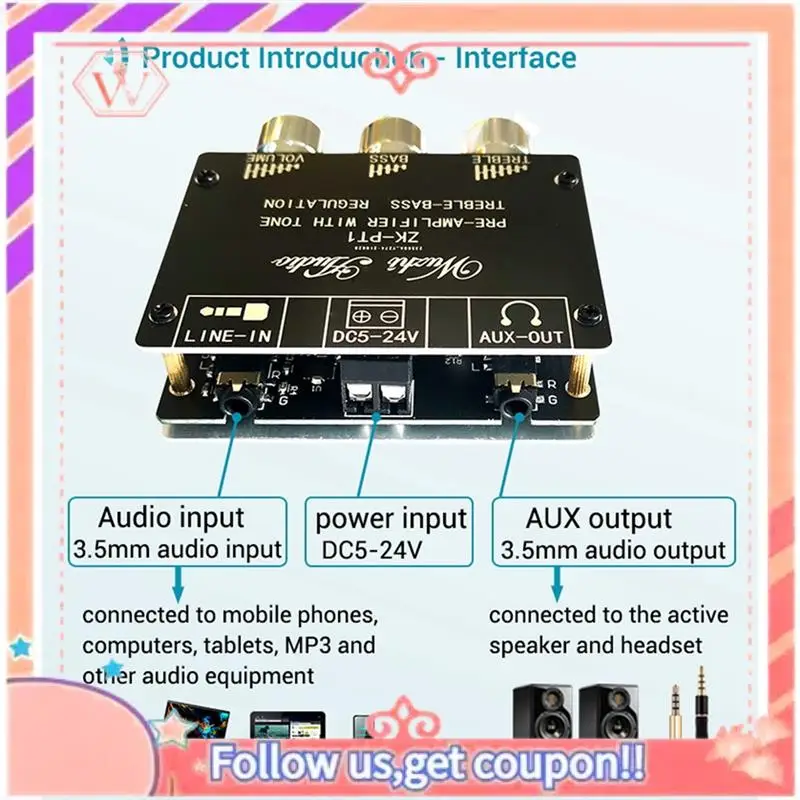 Upgraded 5X Bluetooth 5.0 Decoder Board Dual Channel Stereo Low Noise High And Low Tone Pre-Module Amplifier Board ZK-PT1