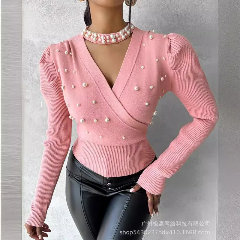 2024 Spring Summer New Women's Clothing Solid Color Cross V-neck Long Sleeve Casual Top