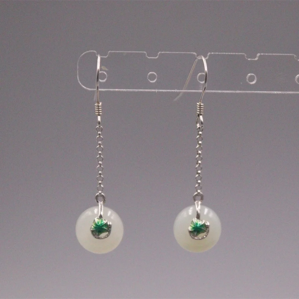 

Real Solid 925 Sterling Silver Natural Jade Enamel Leaf Cable Chain Women Lucky Dangle Earrings