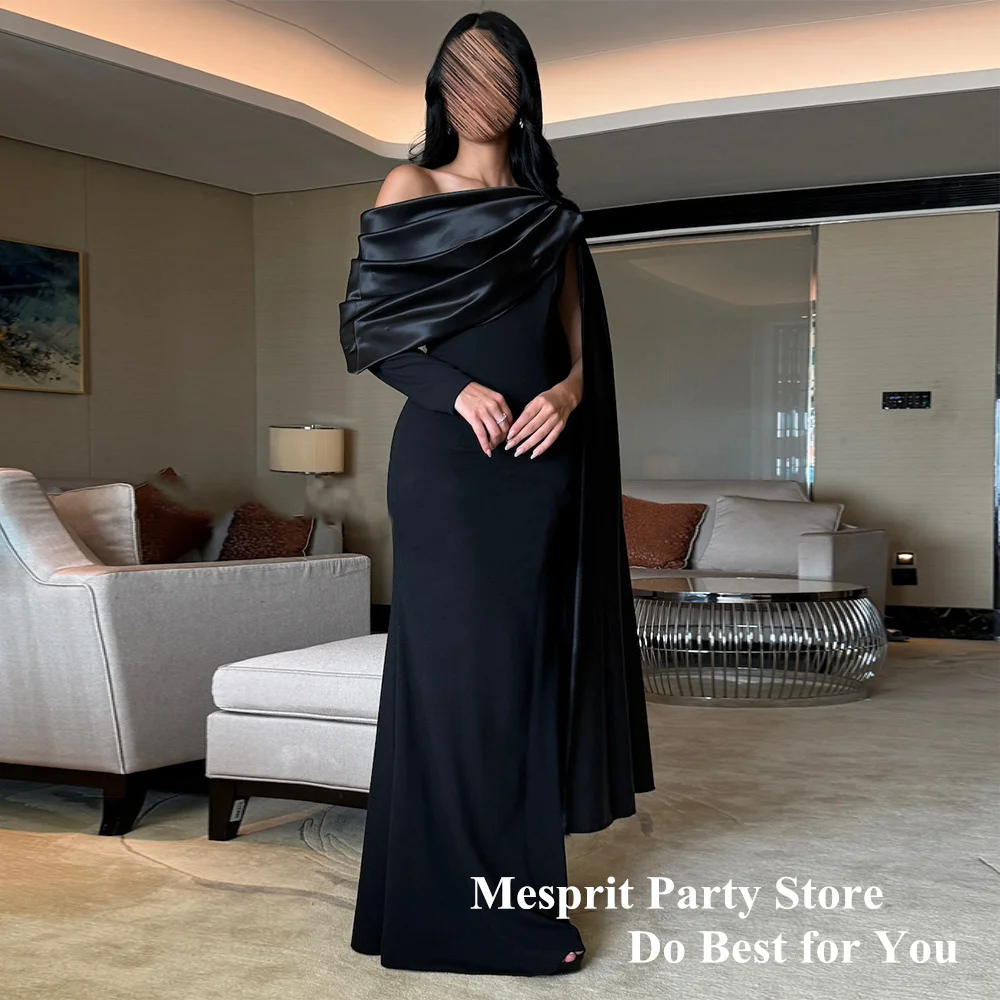 Cheap Saud Black Prom Dresses for Woman One Shoulder Long Sleeve Pleat Shawl Mermaid Evening Gown Arabian Formal Party Dresses