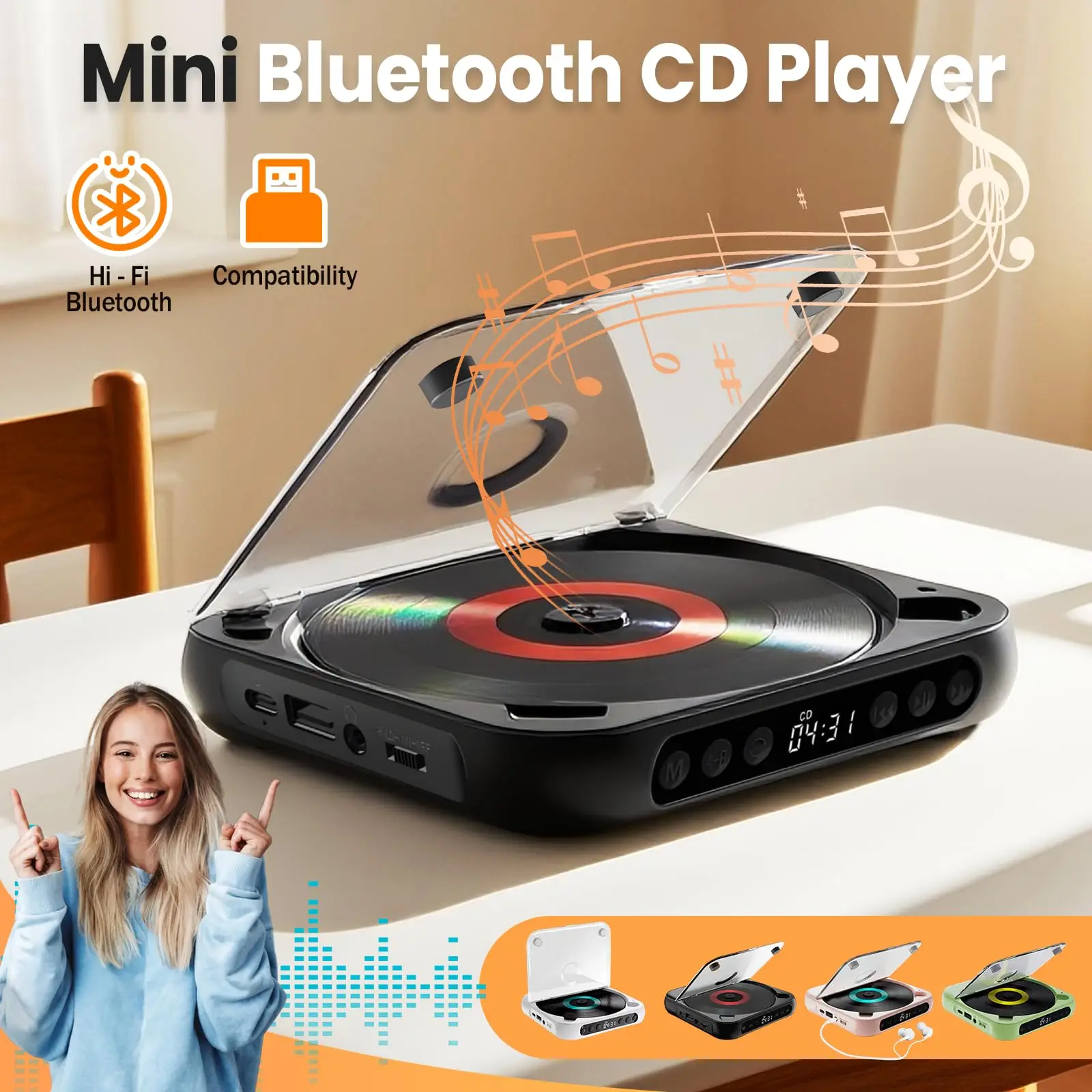 

New mini retro portable CD player with Bluetooth speaker student English repeater CD player stable and low power consumption