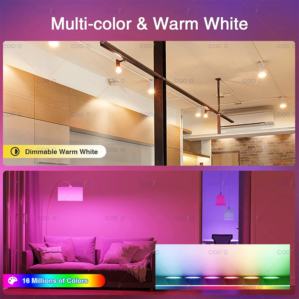 COOLO Tuya Smart Life GU10 Bluetooth Smart LED Light Bulbs RGB W+C 5W Dimmable Lamps AC 220V App Remote Control Spotlight Bulb