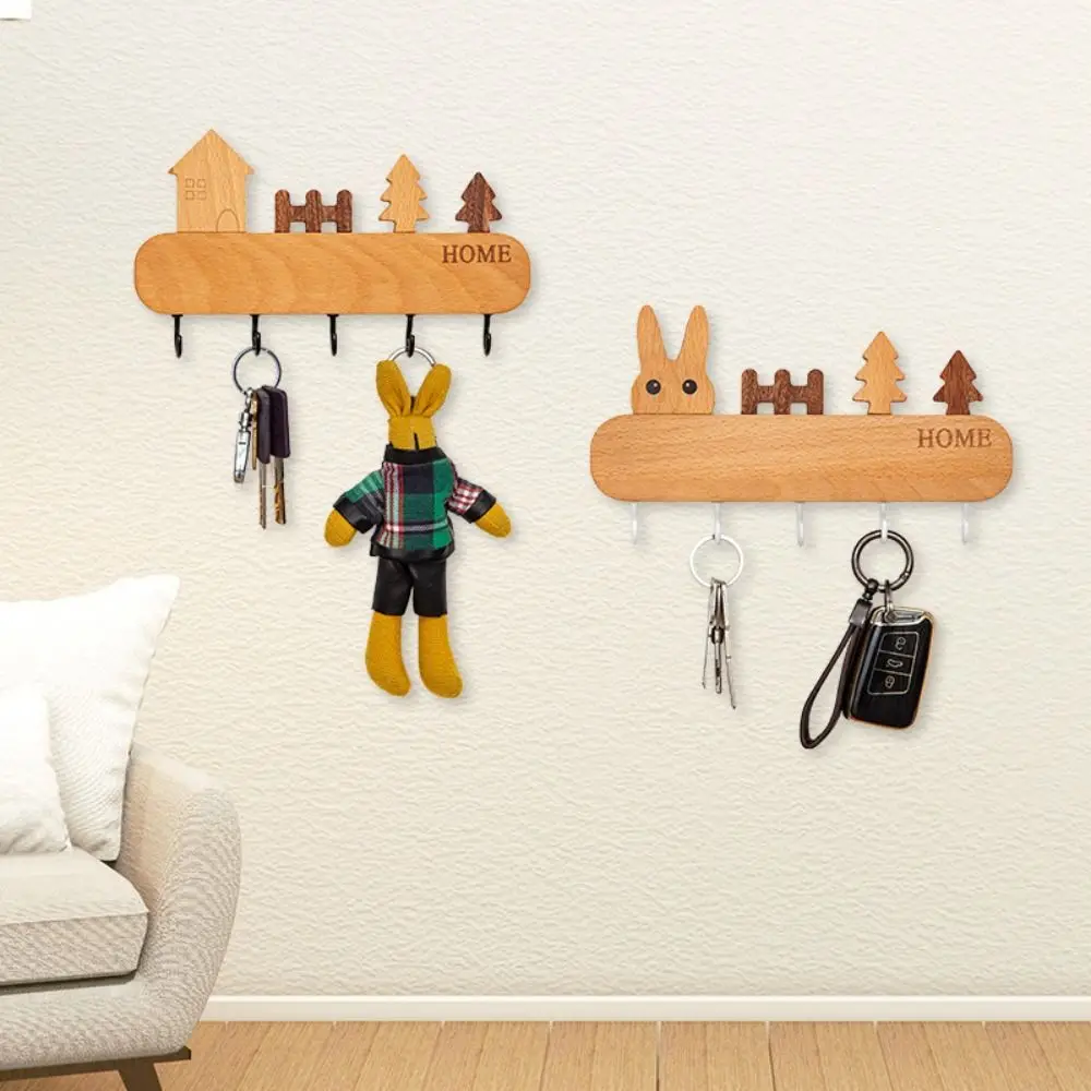 Solid Wood Key Hook Rack Rabbit Non-toxic Decorative Hook No-Drill Wall Mount Key Storage Holder Household Sundries