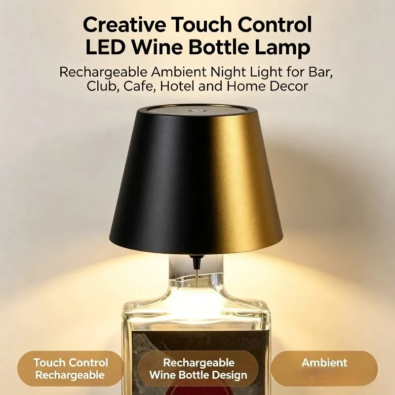 LED Wine Bottle Desk Lamp, Touch Control Rechargeable, Creative Vase Ambient for Bar Club Cafe Restaurant Home Party Decor