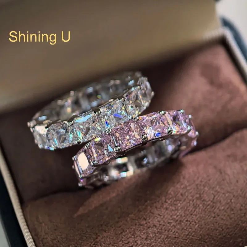 Shining U S925 Silver Pink Square High Carbon Diamond Ring for Women Fine Jewelry Summer