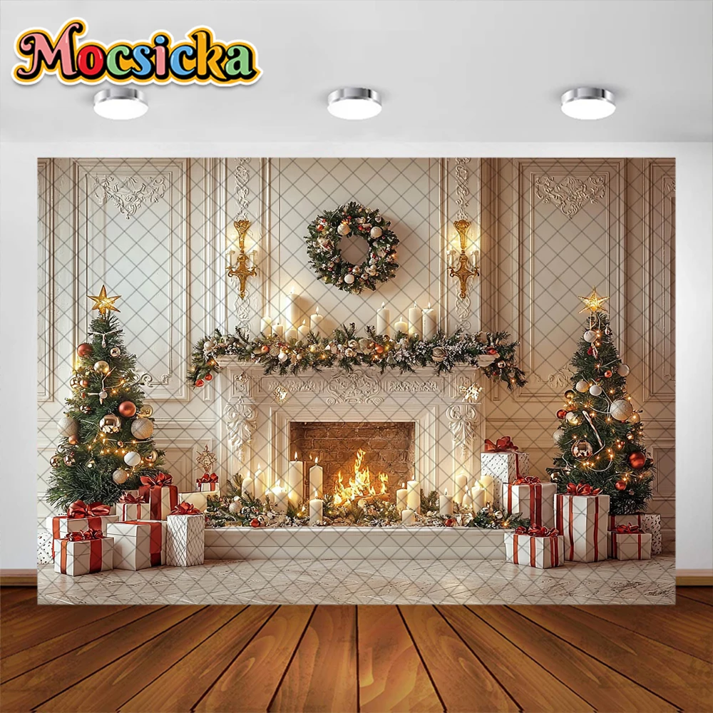 Fondo de fotografía de Navidad, árbol de Navidad, chimenea, guirnalda, suministros de decoración, retrato familiar, fondos de fotos, accesorios de estudio