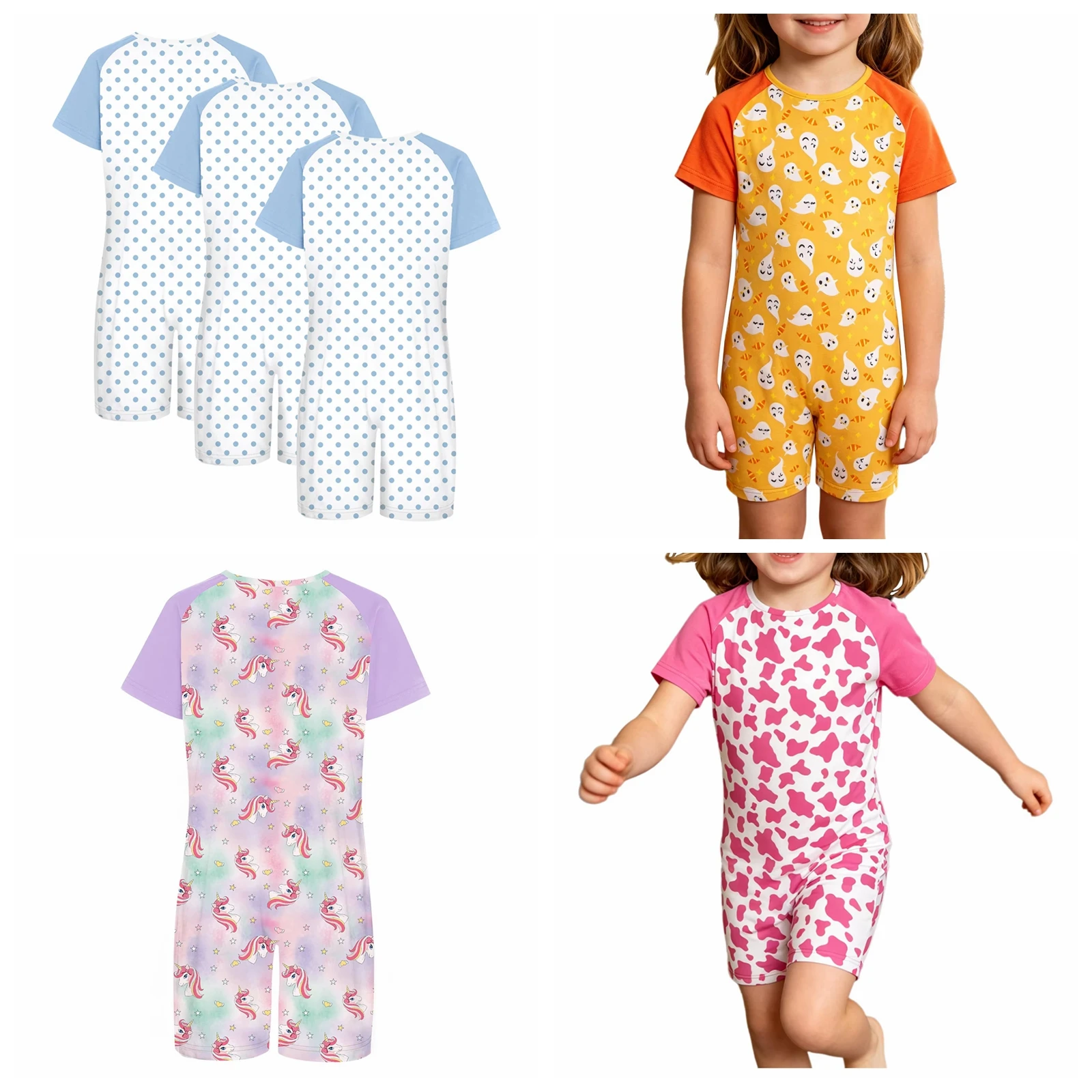 Short Sleeve Anti-strip Romper with Back Invisible Zipper Kids Printed Jumpsuit Boys Girls Special Needs Adaptive Clothing