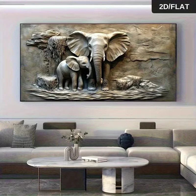 2D Flat, 2D Flat, Large Size Canvas Painting Living Room Wall Art Large Decorative Painting Modern Abstract Print Mural Elephant