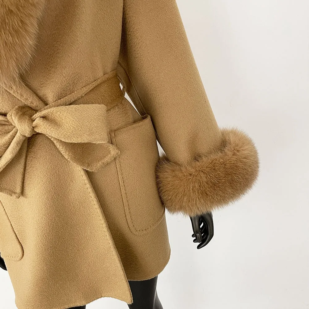المرأة معطف الصوف 2025 جديد الخريف الشتاء ريال فوكس الفراء سترة الطبيعية الراكون الفراء الصوف سترة الإناث الدافئة الفراء الأصفاد معطف من قماش الكشمير